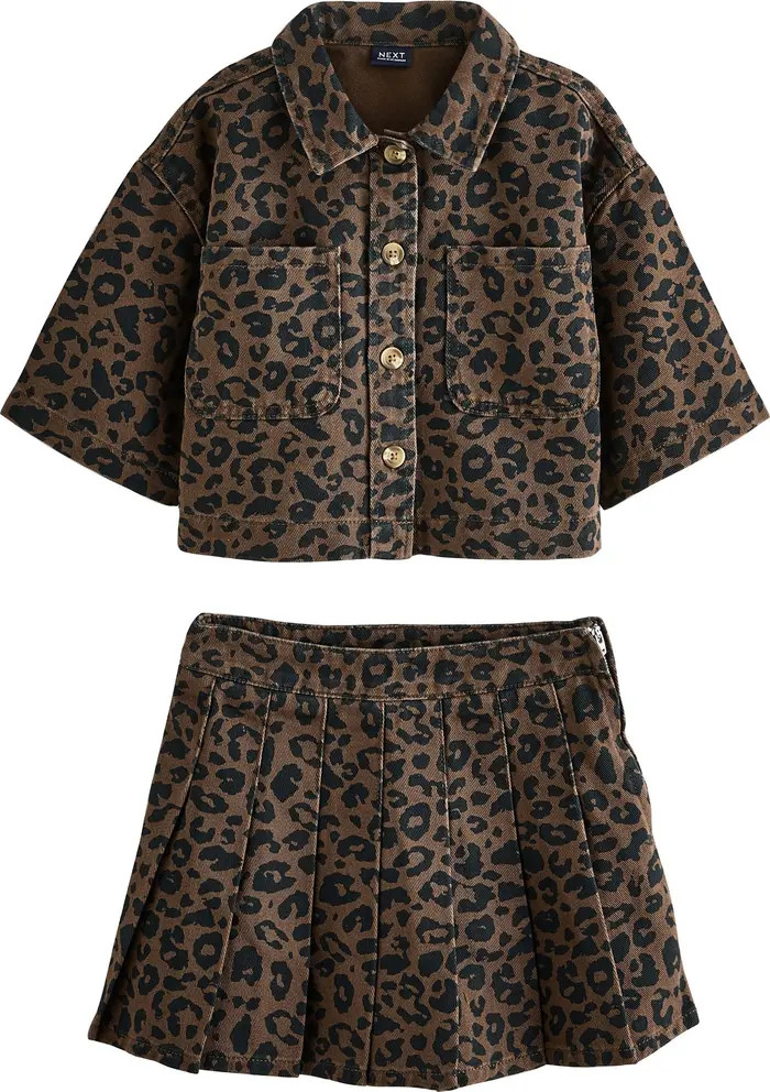Kids' Leopard Print Cotton Shacket & Skirt Set | Nordstrom