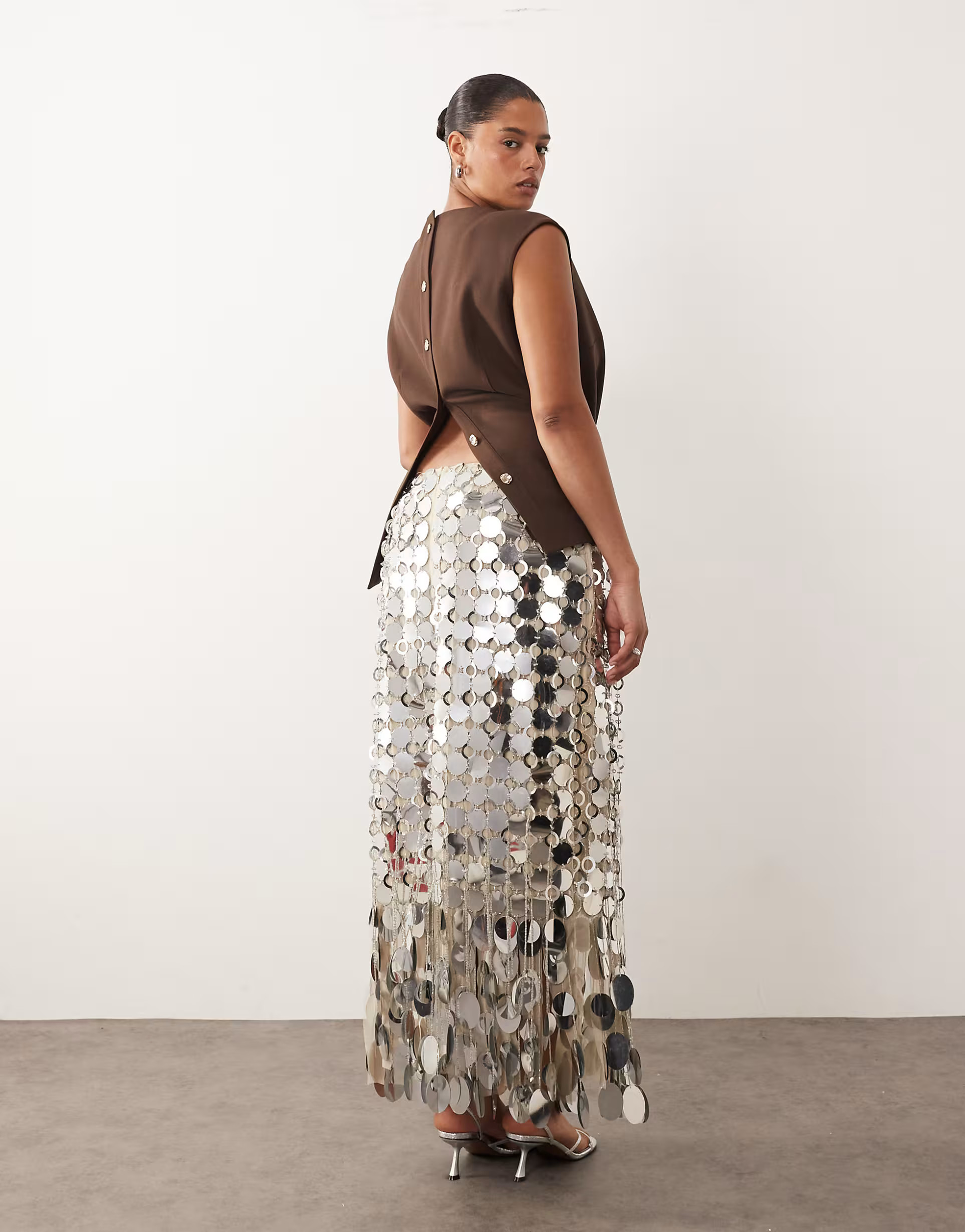 ARRANGE Curve futurist sequin fringe hem midi skirt in silver tone | ASOS (Global)
