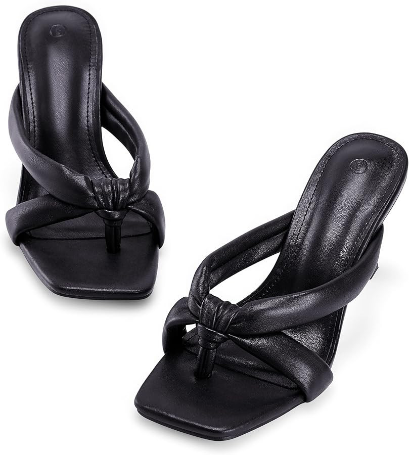 Coutgo Womens Thong Heels Mules Square Toe Heeled Flip Flops Mule Sexy Stiletto Dress Party Sanda... | Amazon (US)