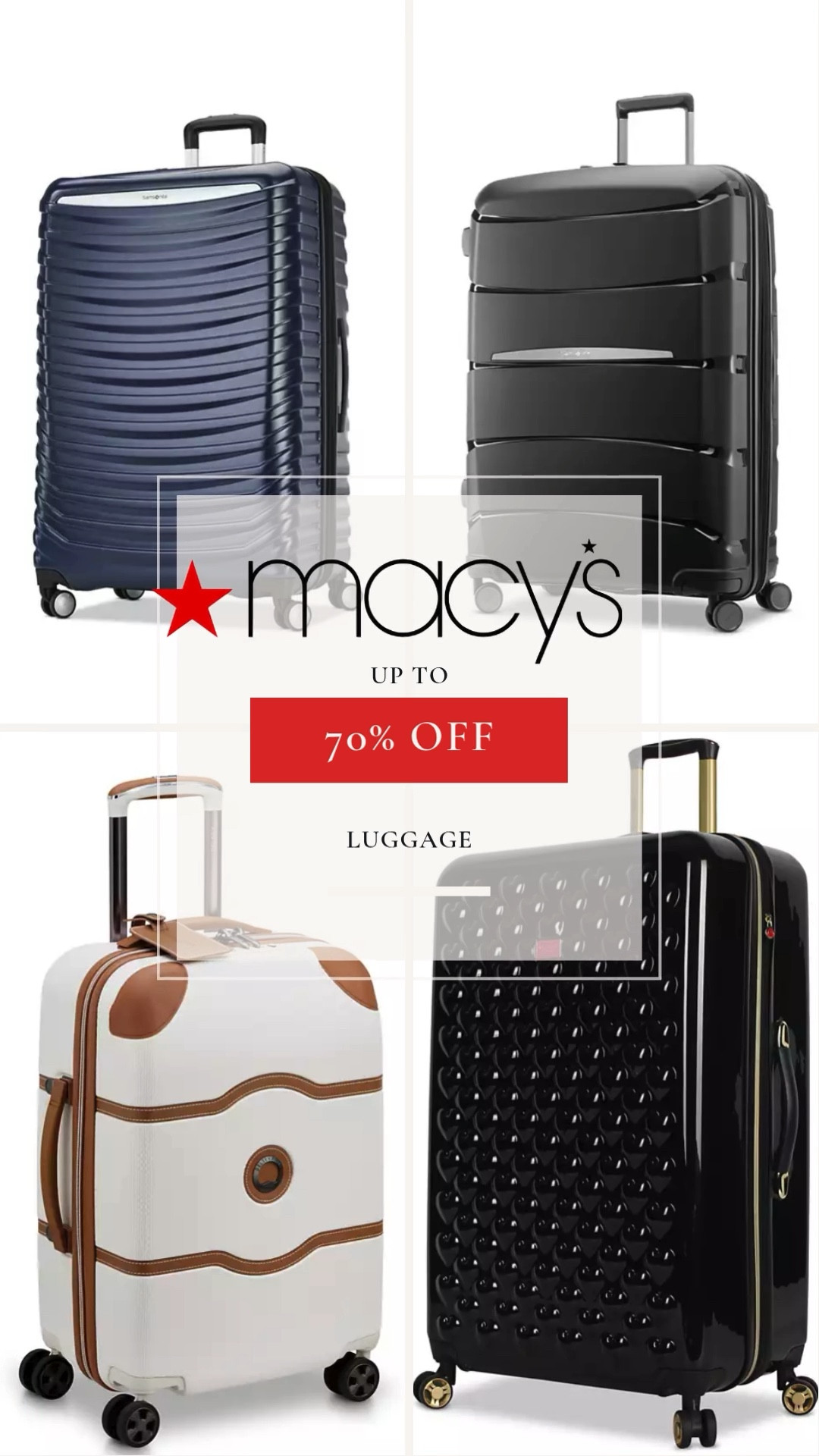 Macys Luggage sale up to 70% off 

#LTKSeasonal #LTKTravel #LTKSaleAlert