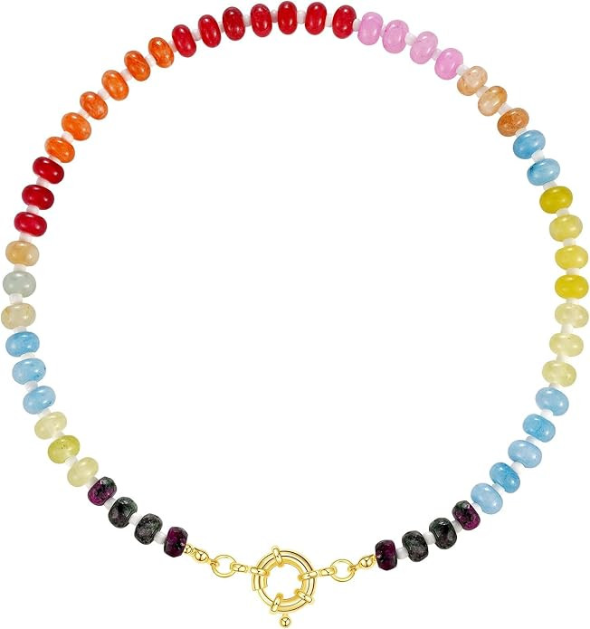 KissYan Beaded Gemstone Necklace for Women, Colorful Boho Bead Choker Natural Stone Surfer Beach ... | Amazon (US)
