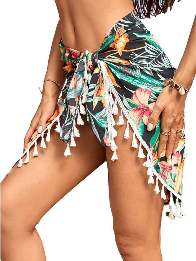CUPSHE Women's Sarongs Wrap Cover Up Skirt Tropical Print Tassel Beach Tie Side | Amazon (US)