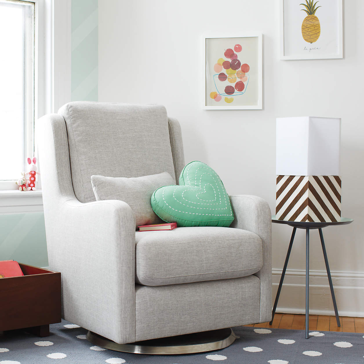 Milo Grey Swivel Nursery Glider Chair + Reviews | Crate & Kids | Crate & Barrel