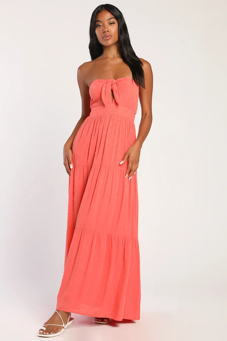 Tie Again Coral Pink Strapless Tiered Swiss Dot Maxi Dress | Lulus (US)
