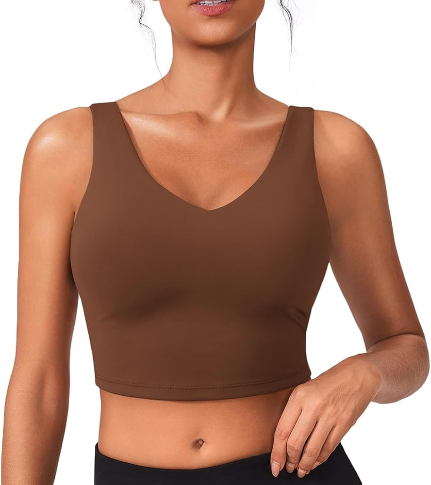 PINSPARK Sports Bras for Women Built in Bras Padded Yoga Bra V Neck Longline Workout Tank Tops wi... | Amazon (US)