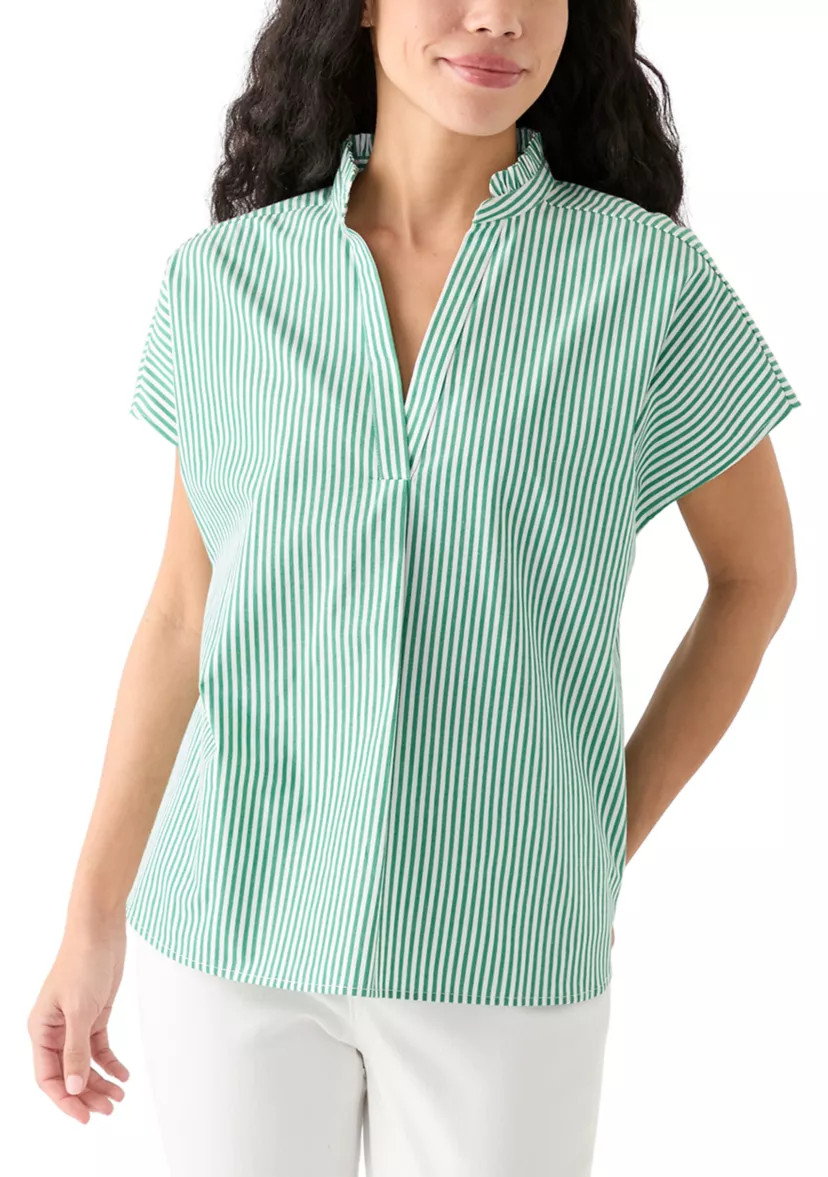 Petite Short Dolman Sleeve Ruffle Neck Top | Belk