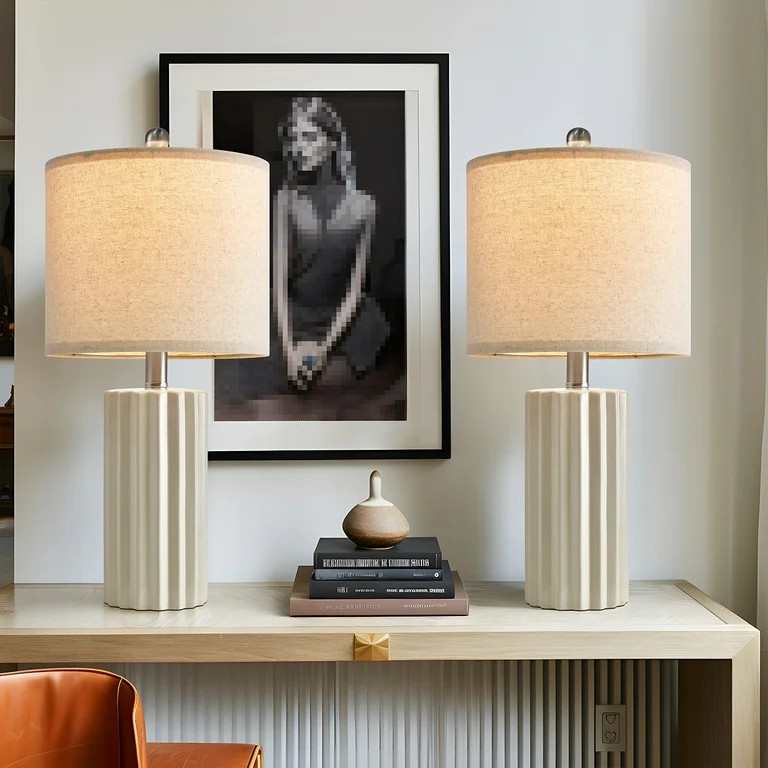 Oneach Modern Beige Ceramic Table Lamp Set of 2 for Living Room Bedroom 21" Farmhouse Nightstand ... | Walmart (US)