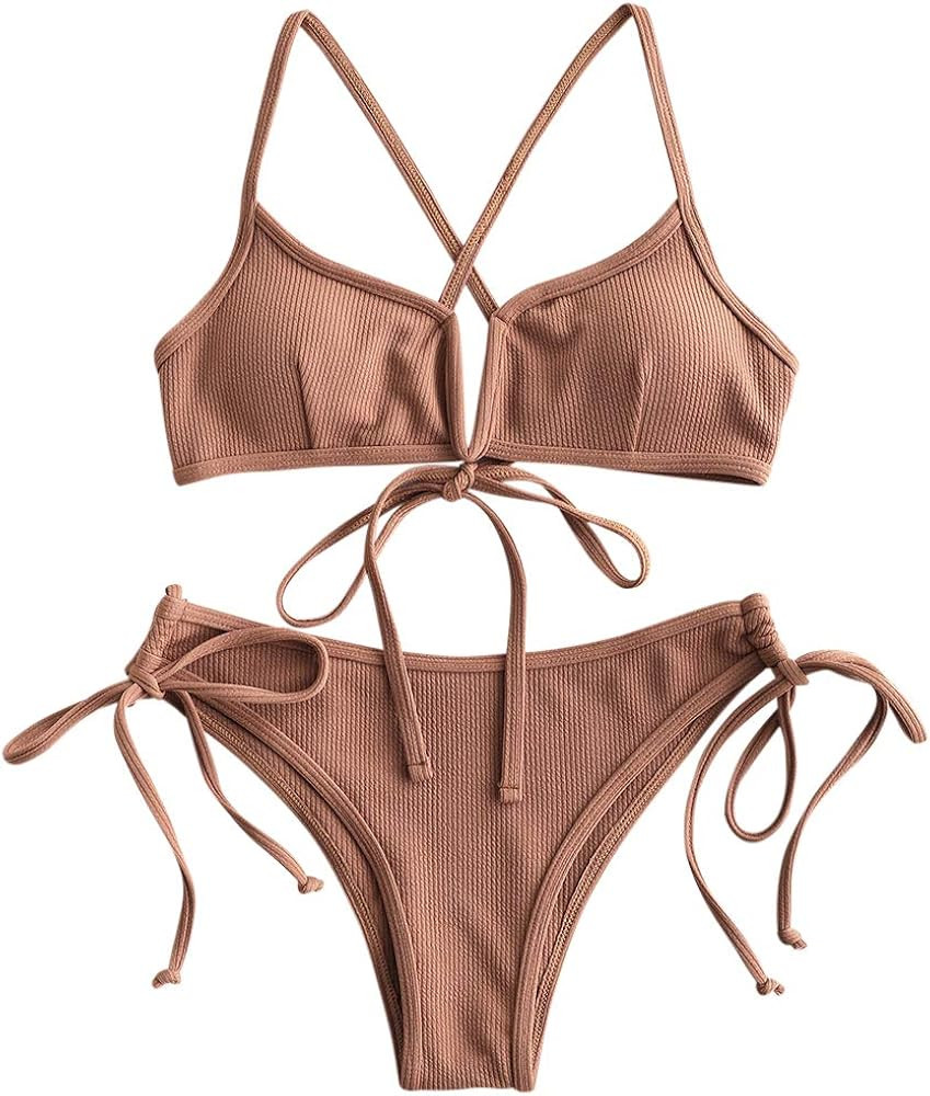 ZAFUL Women's V-Wire Padded Ribbed High Cut Cami Bikini Set Two Piece Swimsuit | Amazon (US)