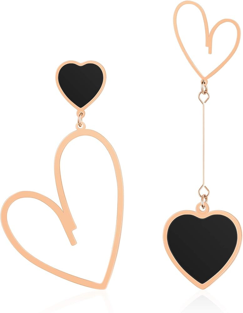 Linawe Black Heart Earrings, Rose Gold Hypoallergenic Stainless Steel Dangle Drop Earrings Dangling, Preppy Stuff Y2K Cute Asymmetrical Earrings, Gift Valentine's Day Anniversary | Amazon (US)