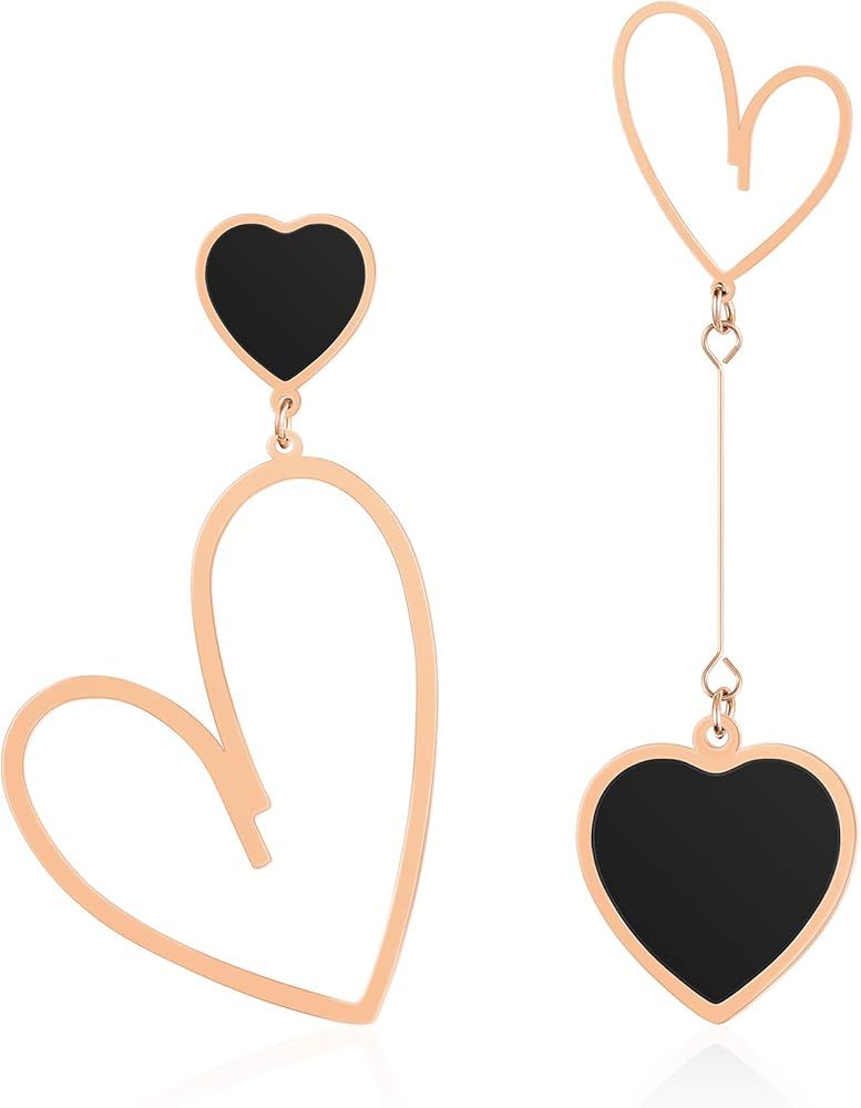 Linawe Black Heart Earrings, Rose Gold Hypoallergenic Stainless Steel Dangle Drop Earrings Dangling, Preppy Stuff Y2K Cute Asymmetrical Earrings, Gift Valentine's Day Anniversary | Amazon (US)