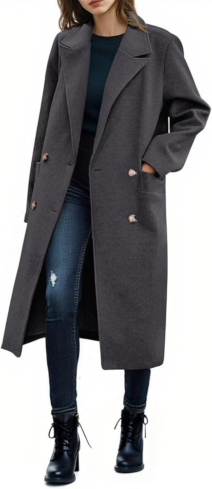 Saodimallsu Womens Trench Coat Winter Lapel Double Breasted Long Pea Coat Casual Work Office Over... | Amazon (US)