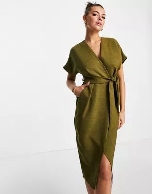 Closet London kimono wrap dress in olive green | ASOS | ASOS (Global)