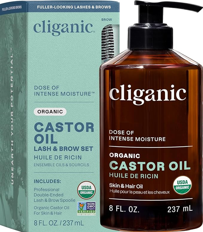 Cliganic Castor Oil Organic Cold Pressed, 100% Pure (8oz with Eyelash Kit) - For Eyelashes, Eyebr... | Amazon (US)