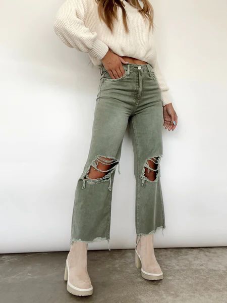 [Pre-order!] Army Green Crop Flare Denim | Lane 201 Boutique