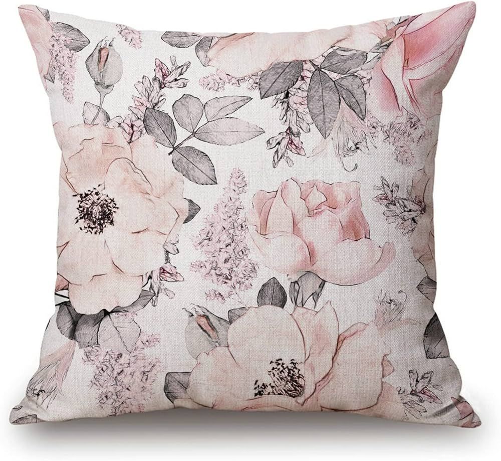 Watercolor Flower Pillow Cover Floral Abstract Pink Grey Blossom Spring Rose Cotton Linen Pillow ... | Amazon (US)