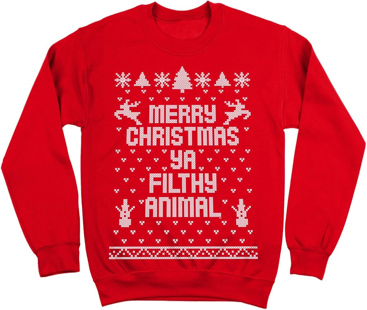 Ya Filthy Animal Merry Christmas Ugly Christmas Sweater Contest Party Mens Sweatshirt Large Red | Amazon (US)