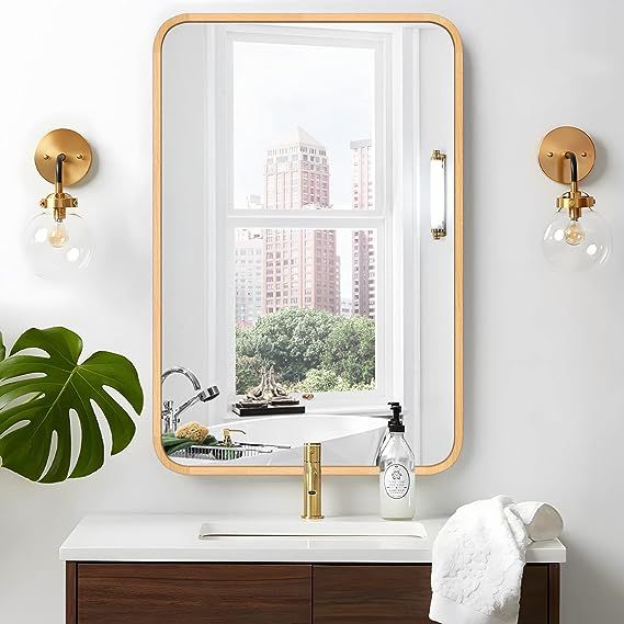 FUWU HOME Wood Bathroom Mirror for Wall 26" x 40" Farmhouse Rounded Corner Rectangle Mirror with ... | Amazon (US)