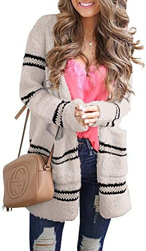 FERBIA Women Fuzzy Cardigan Sweater Striped Oversized Boyfriend Chunky Fleece Open Front Long Sle... | Amazon (US)