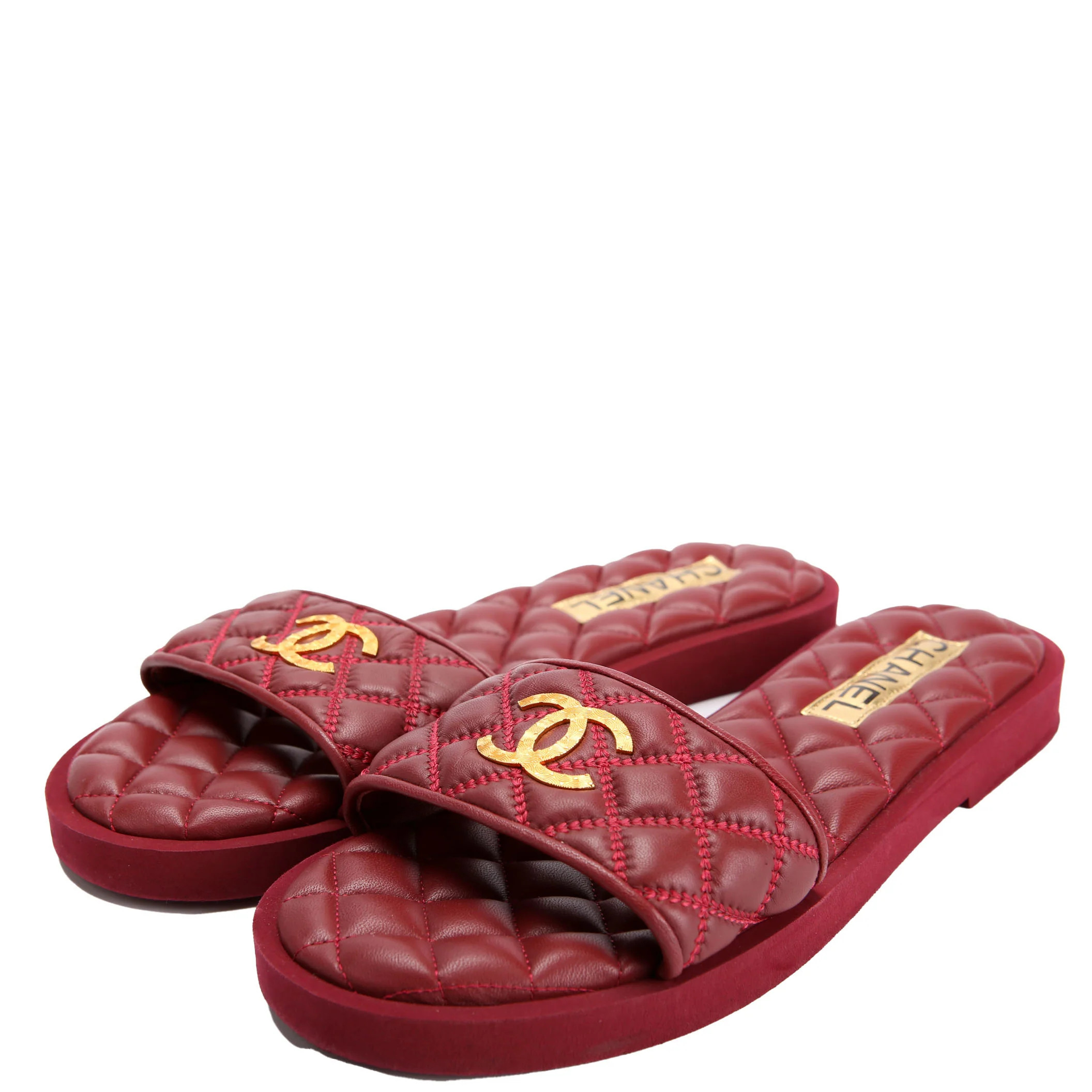 CC Quilted Flap Sandals Size 39.5 Burgundy/Gold | Keeks Designer Handbags