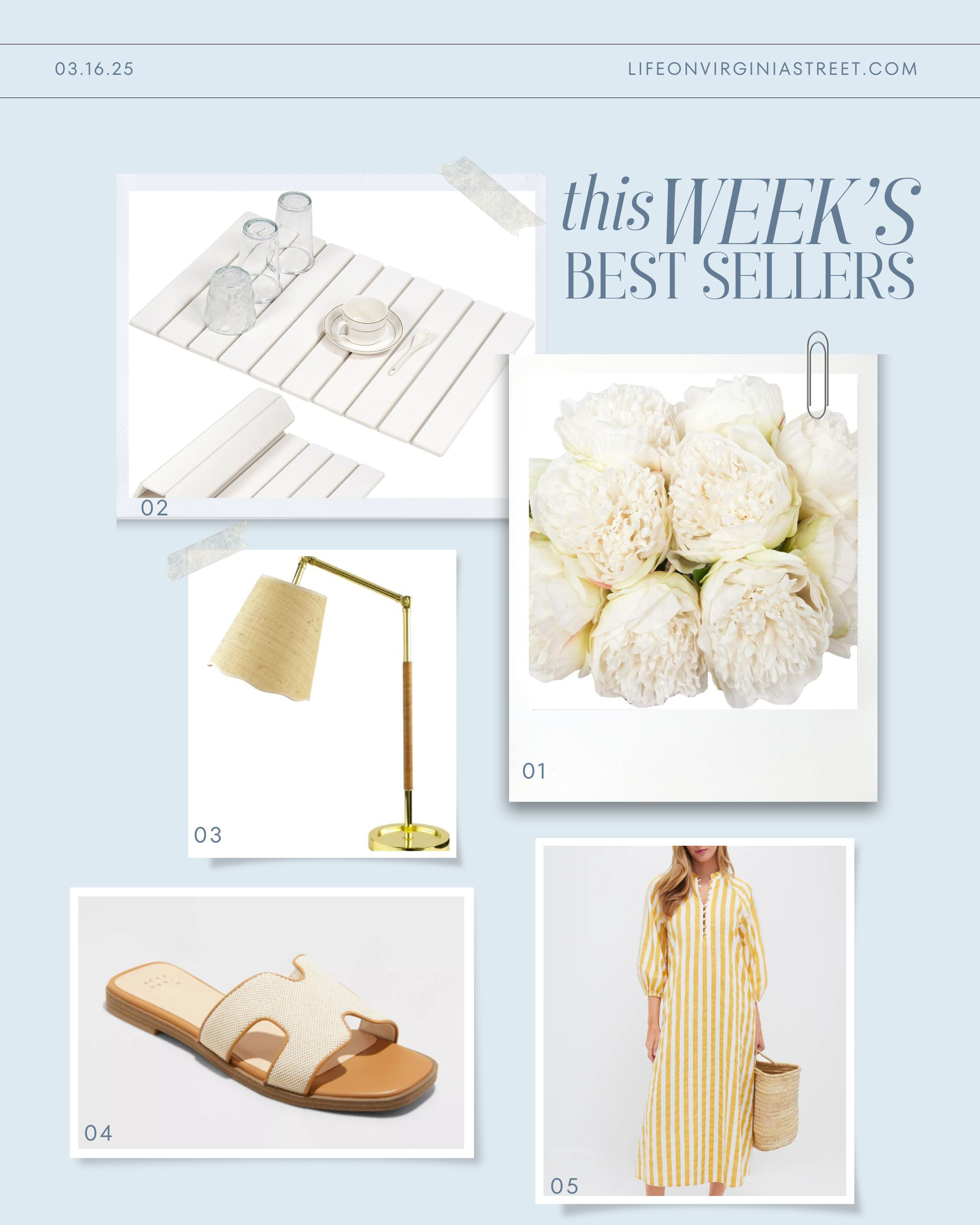 This week's bestsellers include my favorite artificial peonies (they come in a bunch of colors and are perfect for spring decor), our stone drying mat (on sale), a designer look for less raffia scalloped table lamp, my linen-look slides (currently on sale), and my favorite yellow striped dress I took to the Bahamas! #ltkhome #ltkseasonal #ltkfindsunder50 #ltkfindsunder100 #ltkstyletip #ltkshoecrush #ltkover40 #ltktravel #ltkmidsize #ltksalealert 

 #LTKHome #LTKSaleAlert #LTKFindsUnder50