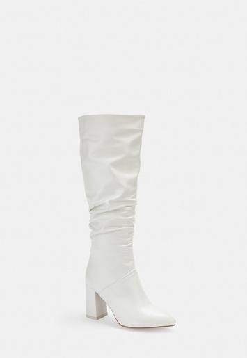 White Faux Leather Ruched Pointed Toe Knee Boots | Missguided (US & CA)