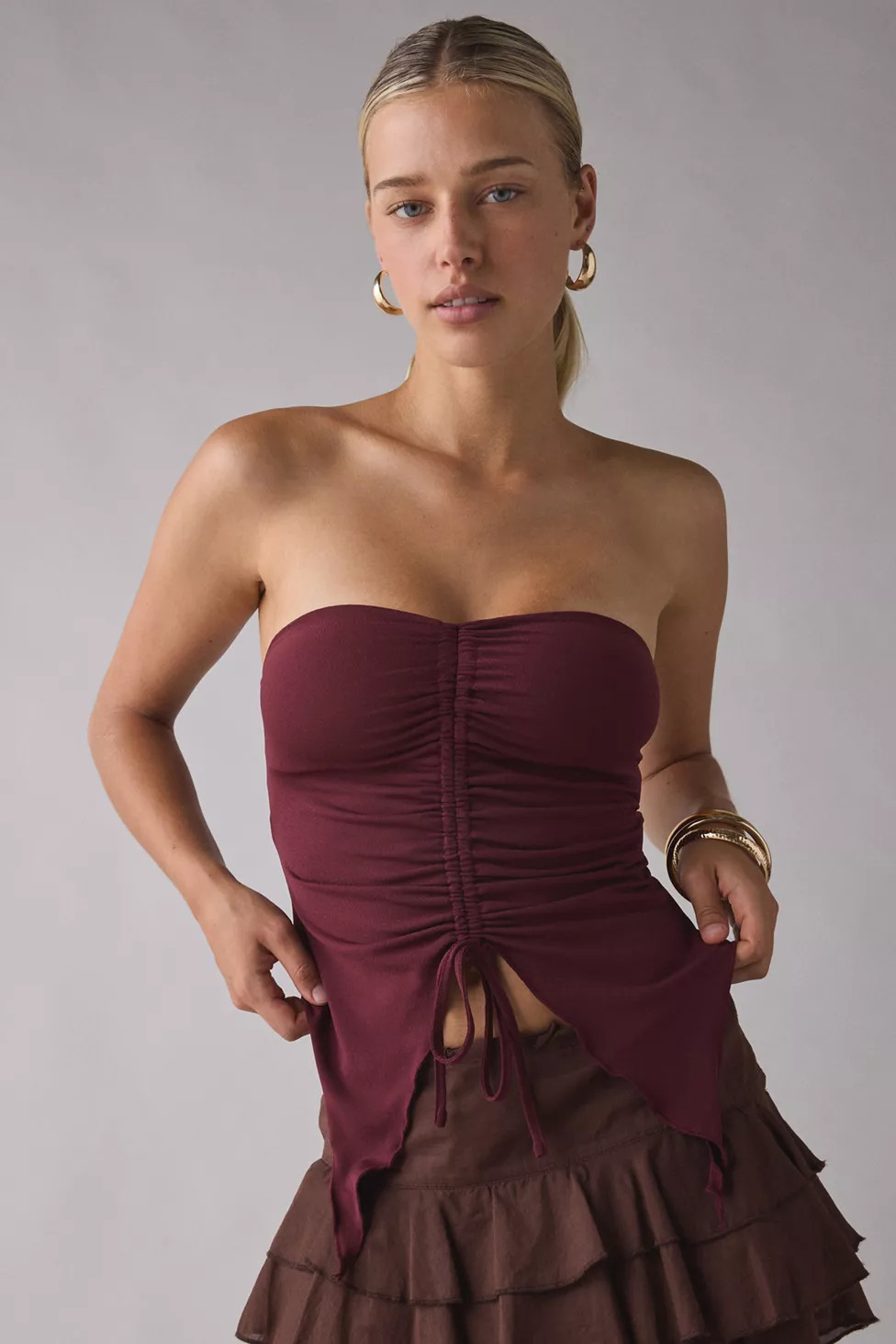 UO Iris Ruched Tie-Front Flyaway Tube Top | Urban Outfitters (US and RoW)