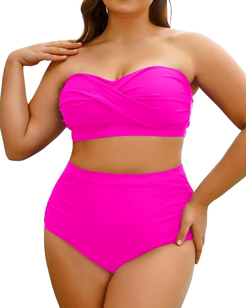 Yonique Women Plus Size Two Piece Swimsuits High Waisted Bathing Suits Bandeau Bikini Tummy Contr... | Amazon (US)