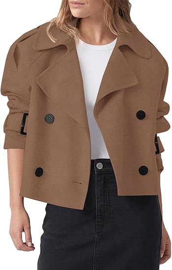 Cicy Bell Womens Cropped Trench Coat Double Breasted Notched Lapel Pea Coats Wool Blend Jacket Ou... | Amazon (US)