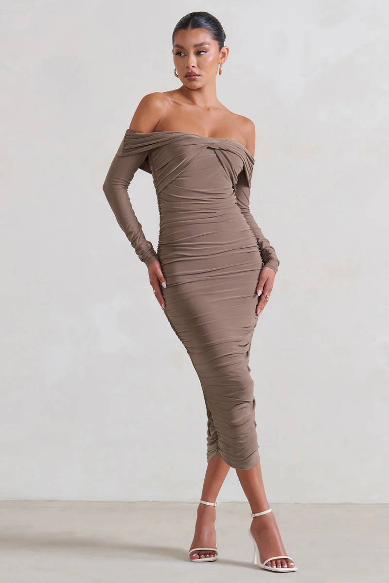 Neva | Mocha Bardot Twist Midi Dress | Club L London