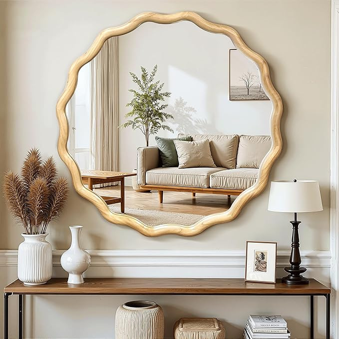 Circle Wood Mirrors for Wall, Wavy Round Bathroom Scalloped Mirror Wooden Frame 24 Inch for Livin... | Amazon (US)
