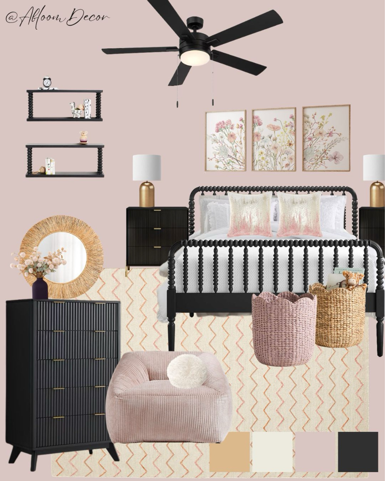 This charming girls’ room is a perfect mix of playful and elegant! The soft pink tones, paired with black accents, create a cozy yet modern vibe, while the floral artwork and textured baskets add a bit of whimsy.

#LTKKids #LTKHome