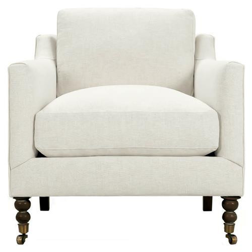 Madeline French Cream Performance Chocolate Wood Brass Caster Arm Chair | Kathy Kuo Home