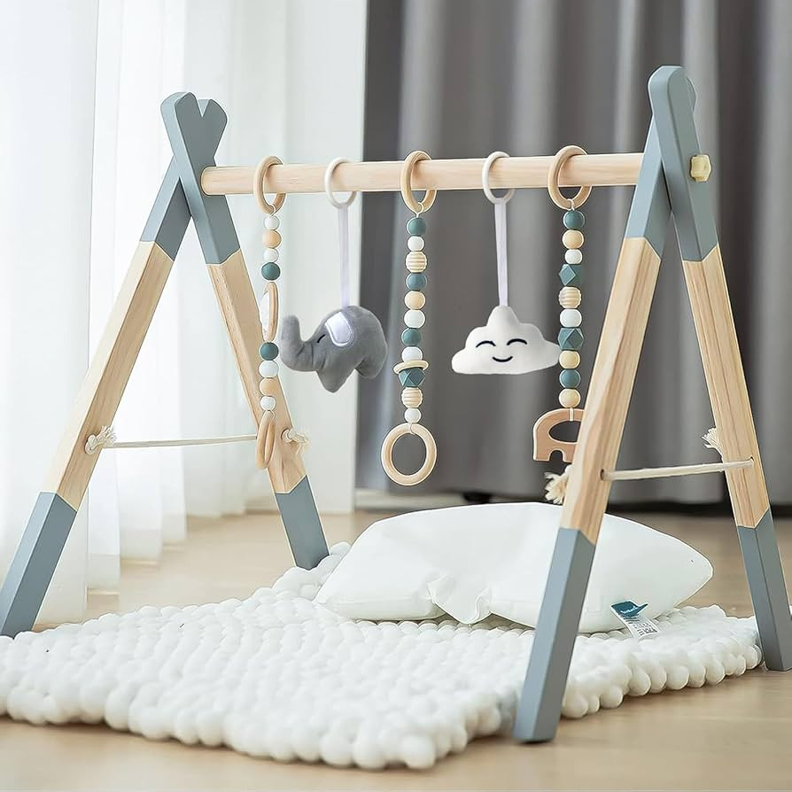 Wooden Baby Play Gym Foldable Gym Frame Activity Gym Hanging Bar with 5 Toys Natural for Newborn ... | Amazon (US)