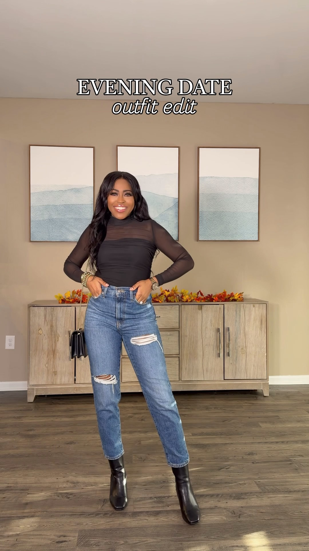 I am 5’4” wearing a size 27 in the jeans and small in the top. I went with my normal size. 


Girls night outfit, date night outfit, fall outfit, fall style, black ankle boots, sheer black top, high waisted jeans