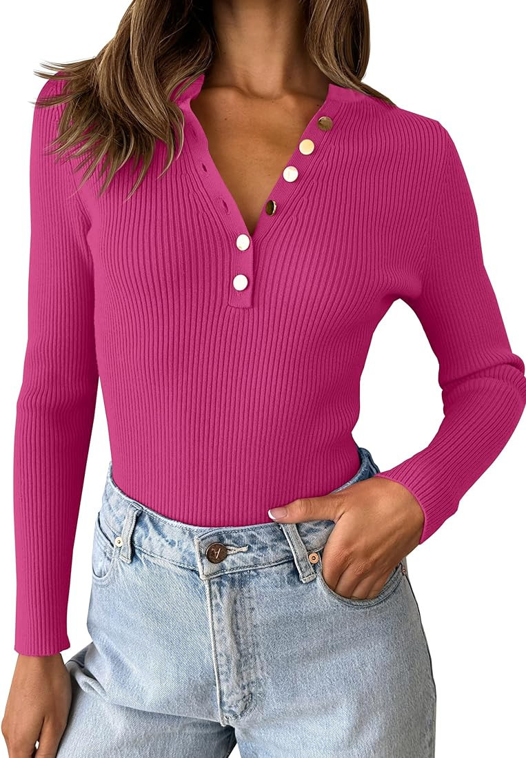 ZESICA Women's 2024 Long Sleeve Button Down V Neck Slim Fitted T Shirts Fall Casual Ribbed Knit B... | Amazon (US)