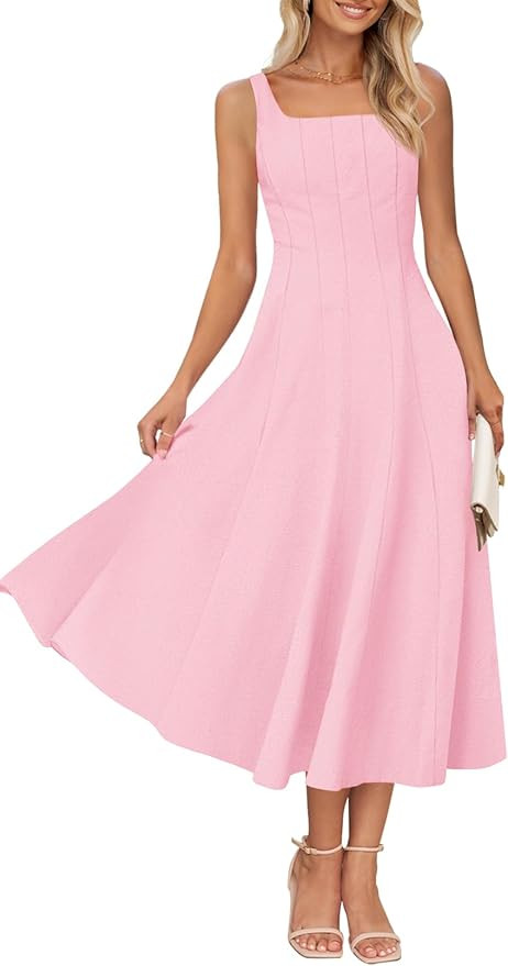 MEROKEETY Women's 2025 Summer Sleeveless Midi Dress Square Neck Smocked Flowy A Line Beach Dresse... | Amazon (US)