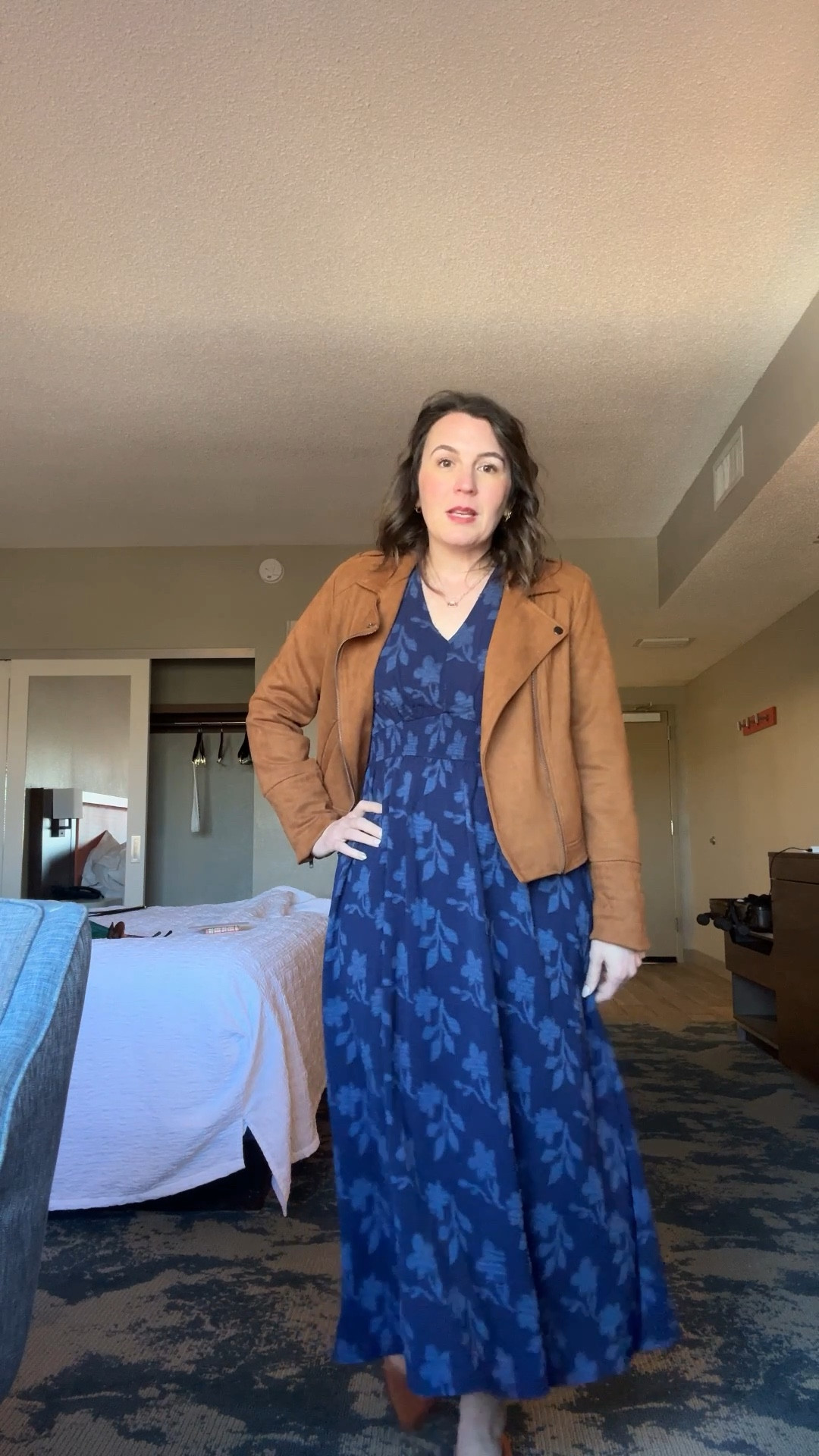 A great dress for a wedding when it’s going to be chilly!

I’m in a medium. 

My jacket is old but I linked a similar one 