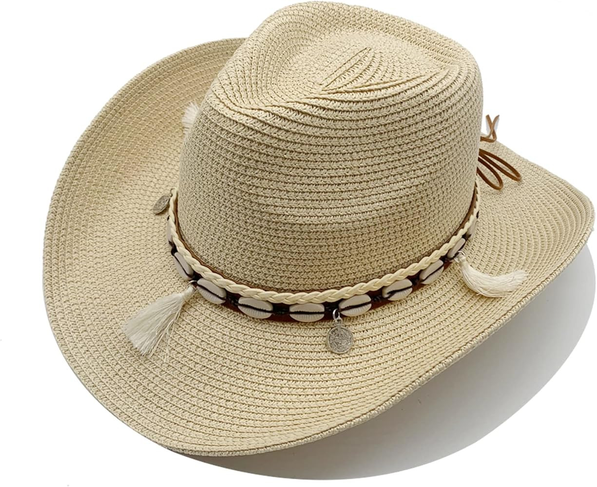 Western Straw Cowboy Hat for Women Beach Sun Hat for Men Wide Brim Fedora Hat Cowgirl Hats Summer... | Amazon (US)