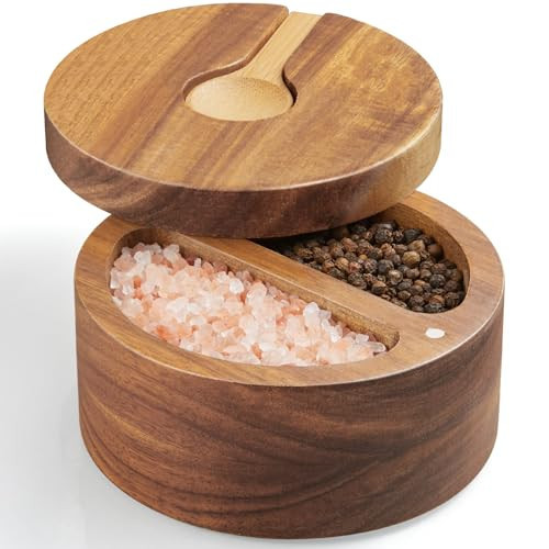 OUTNILI 2-Compartment Acacia Salt Box with Lid and Spoon, Salt Cellar with Swivel Lid, Salt Container Holder for Sea Salt Herbs or Favorite Seasonings, Dual 6 oz Salt Bowl | Amazon (US)