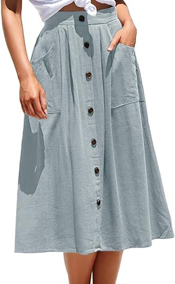 Womens Casual High Waist Flared A-line Skirt Pleated Midi Skirt with Pocket | Amazon (US)