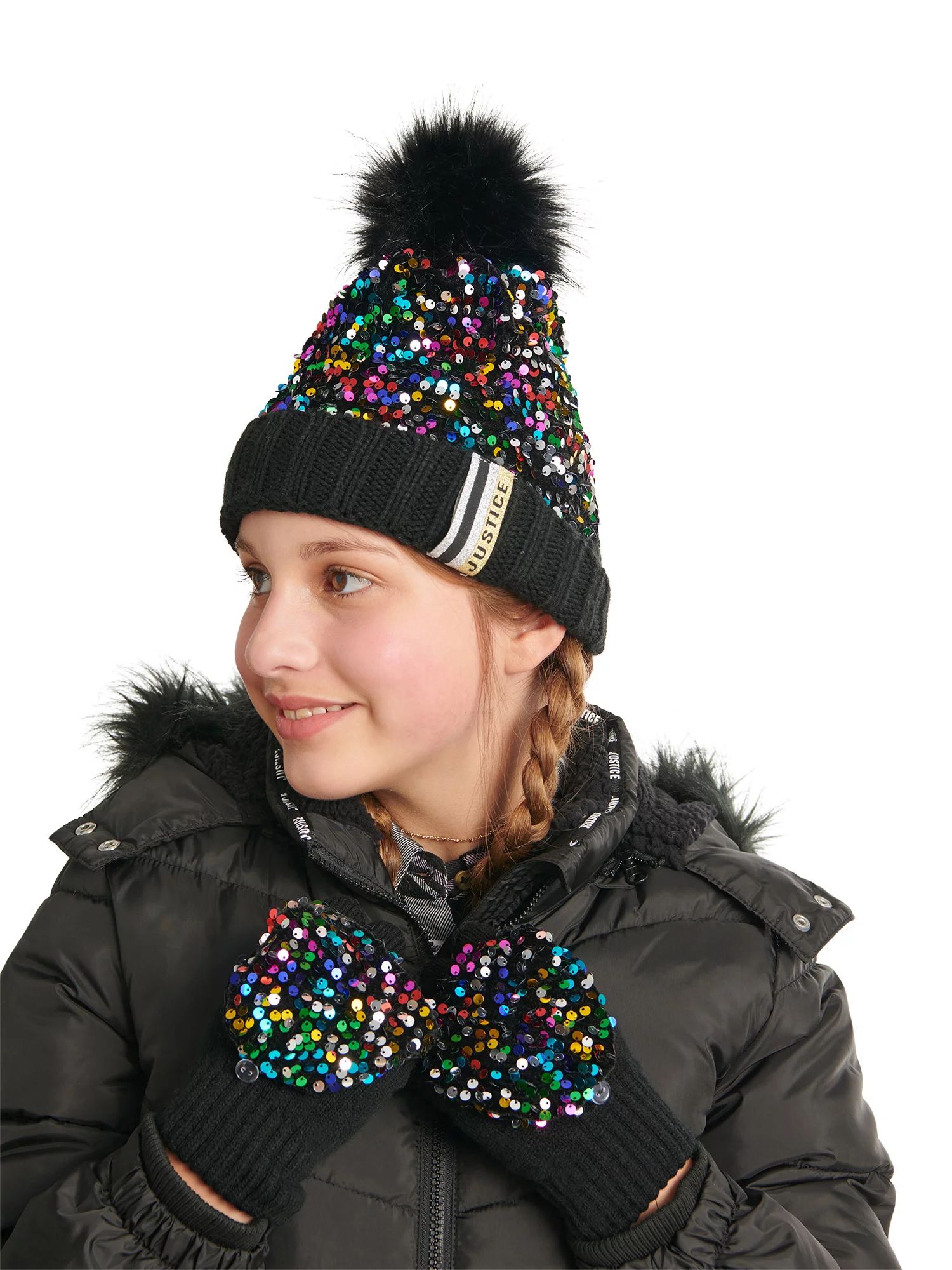 Justice Girls Multi Sequin Beanie with Faux Fur Pom and Flip Top Fingerless Gloves, 2-Piece Set -... | Walmart (US)