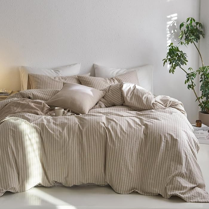 MooMee Striped Duvet Cover Set 100% Washed Cotton Linen Like Queen | Amazon (US)