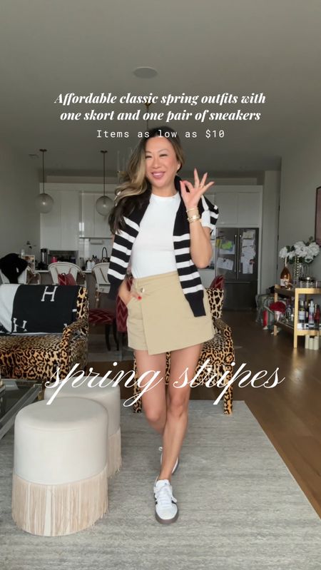 4 stripe tops, skirt, spring outfits, spring style, chic simple style, quiet luxury, sambas adidas, easy casual ootd, Amazon sweaters, $10 Walmart tee, affordable outfits 

#LTKfindsunder100 #LTKSeasonal #LTKstyletip