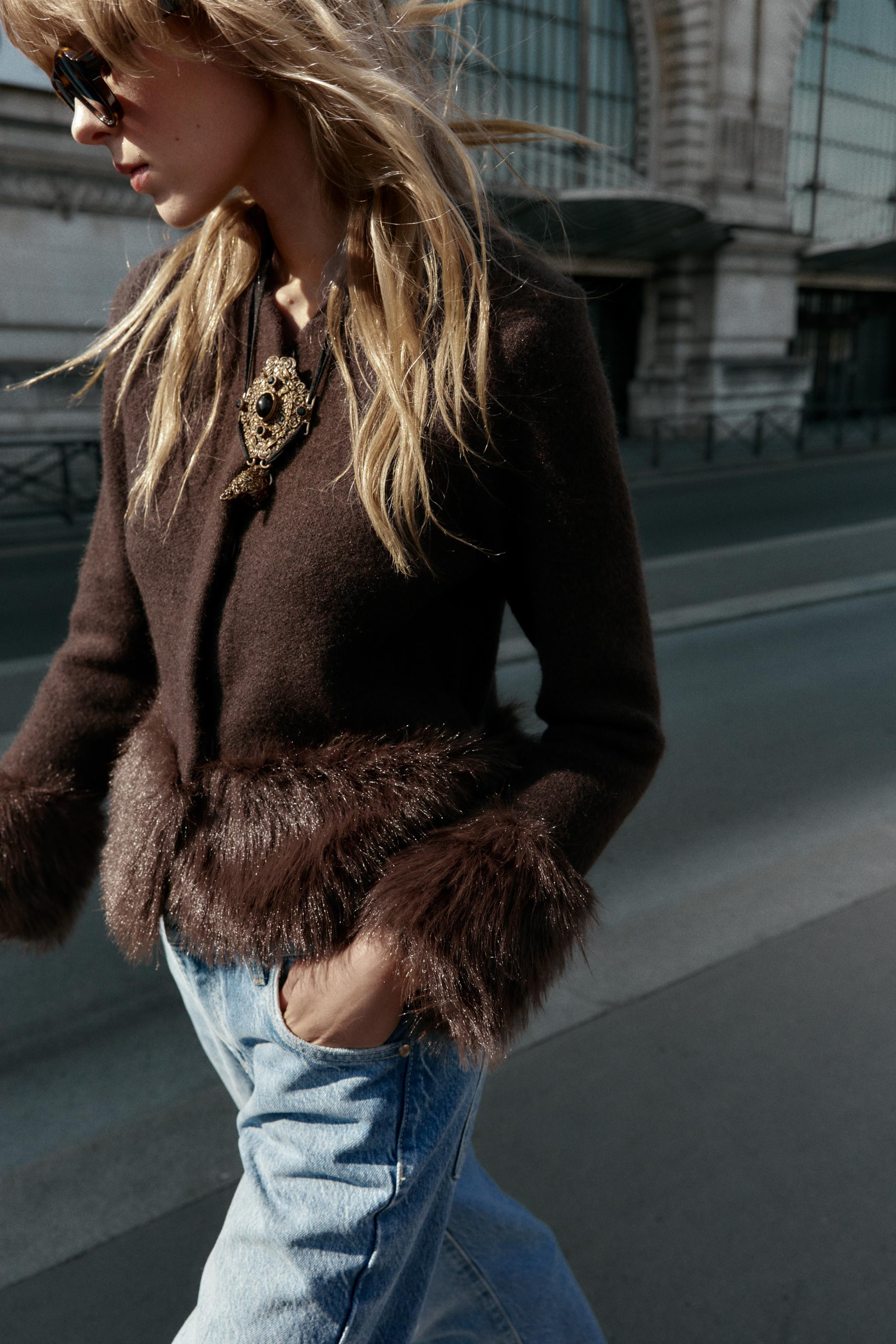 FAUX FUR TRIM KNIT CARDIGAN | Zara US