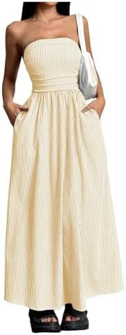 Milumia Women's Striped Strapless Maxi Dress Summer Casual Tube Top Long Dresses with Pocket | Amazon (US)