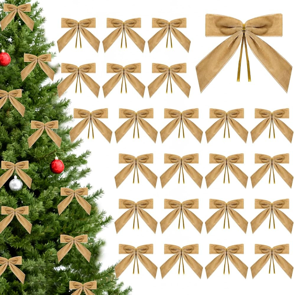 24 Pcs Light Brown Small Velvet Bows for Christmas Tree, 3.54 Inch Mini Christmas Bows for Gift W... | Amazon (US)