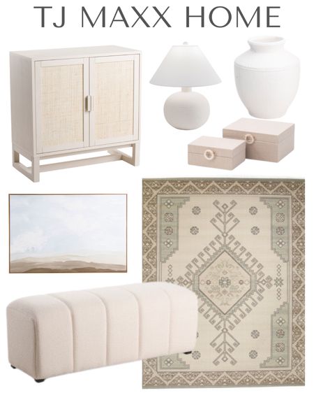 I’m LOVING this TJ Maxx bench that’s perfect for a bedroom, entryway or living room. Also loving the home decor, area rugs, storage cabinet, table lamp, artwork. 
