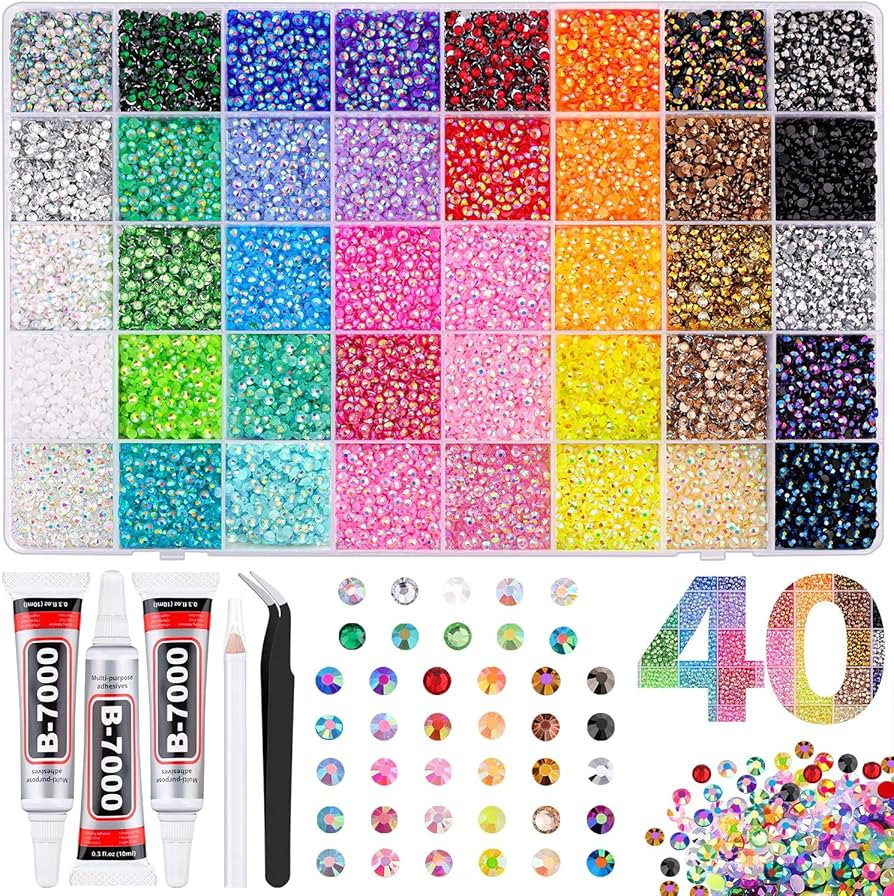 32000Pcs 40 Colors Resin Jelly Rhinestones Bedazzling Kit with 3Pcs 10ml B700 Jewelry Glue and Pe... | Amazon (UK)