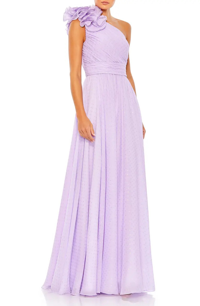 Rosette Metallic Dot One-Shoulder Chiffon Gown | Nordstrom