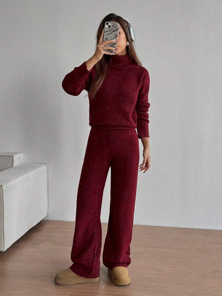 Flirla 2pcs/Set Loose Plain Turtle Neck Long Sleeve Sweater And Pants, Versatile Outfit Fall Winter Cloth For Women | SHEIN